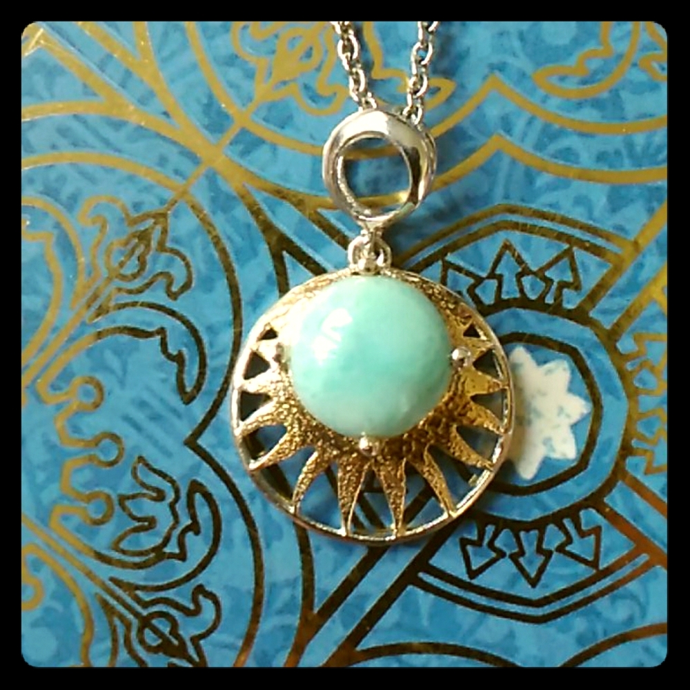 Sunburst gold and sterling silver larimar necklace